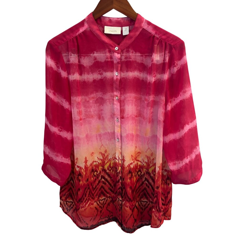 Chico's Women's Sheer Tunic Blouse Size 2 Large Mandarin Collar Button-Up Pink